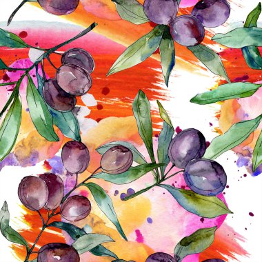 Siyah zeytin dalları yeşil yaprakları ile üzerinde. Botanik Bahçe çiçek yaprakları. Suluboya arka plan illüstrasyon. Sorunsuz arka plan deseni. Kumaş duvar kağıdı yazdırma doku.