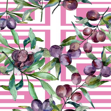 Siyah zeytin dalları yeşil yaprakları ile üzerinde. Botanik Bahçe çiçek yaprakları. Suluboya arka plan illüstrasyon. Sorunsuz arka plan deseni. Kumaş duvar kağıdı yazdırma doku.