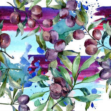 Siyah zeytin dalları yeşil yaprakları ile üzerinde. Botanik Bahçe çiçek yaprakları. Suluboya arka plan illüstrasyon. Sorunsuz arka plan deseni. Kumaş duvar kağıdı yazdırma doku.