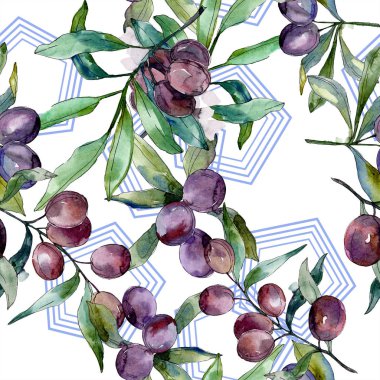 Siyah zeytin dalları yeşil yaprakları ile üzerinde. Botanik Bahçe çiçek yaprakları. Suluboya arka plan illüstrasyon. Sorunsuz arka plan deseni. Kumaş duvar kağıdı yazdırma doku.