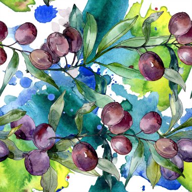 Siyah zeytin dalları yeşil yaprakları ile üzerinde. Botanik Bahçe çiçek yaprakları. Suluboya arka plan illüstrasyon. Sorunsuz arka plan deseni. Kumaş duvar kağıdı yazdırma doku.