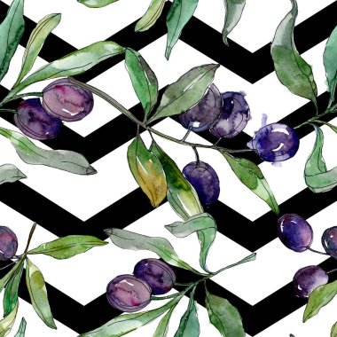 Siyah zeytin dalları yeşil yaprakları ile üzerinde. Botanik Bahçe çiçek yaprakları. Suluboya arka plan illüstrasyon. Sorunsuz arka plan deseni. Kumaş duvar kağıdı yazdırma doku.