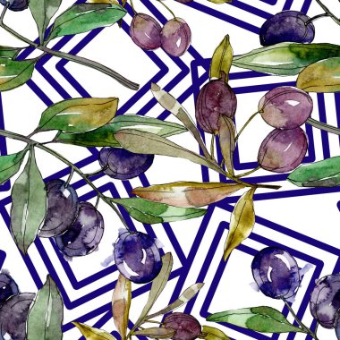 Siyah zeytin dalları yeşil yaprakları ile üzerinde. Botanik Bahçe çiçek yaprakları. Suluboya arka plan illüstrasyon. Sorunsuz arka plan deseni. Kumaş duvar kağıdı yazdırma doku.