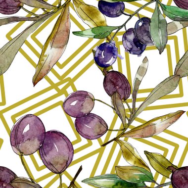 Siyah zeytin dalları yeşil yaprakları ile üzerinde. Botanik Bahçe çiçek yaprakları. Suluboya arka plan illüstrasyon. Sorunsuz arka plan deseni. Kumaş duvar kağıdı yazdırma doku.