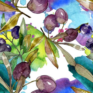 Siyah zeytin dalları yeşil yaprakları ile üzerinde. Botanik Bahçe çiçek yaprakları. Suluboya arka plan illüstrasyon. Sorunsuz arka plan deseni. Kumaş duvar kağıdı yazdırma doku.