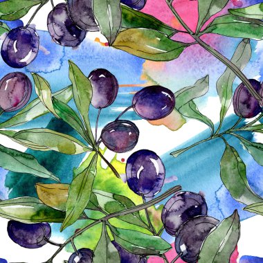Siyah zeytin dalları yeşil yaprakları ile üzerinde. Botanik Bahçe çiçek yaprakları. Suluboya arka plan illüstrasyon. Sorunsuz arka plan deseni. Kumaş duvar kağıdı yazdırma doku.