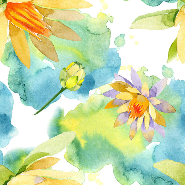 Beautiful yellow lotus flowers isolated on white. Watercolor background illustration. Watercolour drawing fashion aquarelle. Seamless background pattern.