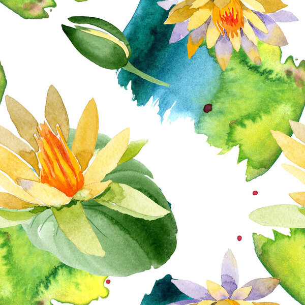 Beautiful yellow lotus flowers isolated on white. Watercolor background illustration. Watercolour drawing fashion aquarelle. Seamless background pattern.