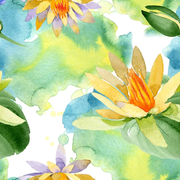 Beautiful yellow lotus flowers isolated on white. Watercolor background illustration. Watercolour drawing fashion aquarelle. Seamless background pattern.
