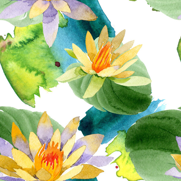 Beautiful yellow lotus flowers isolated on white. Watercolor background illustration. Watercolour drawing fashion aquarelle. Seamless background pattern.