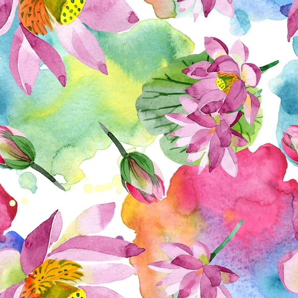 美しい紫の蓮の花は 白で隔離 水彩画背景イラスト Aquarelle シームレスな背景パターン 壁紙印刷手触りの生地 — ストック写真