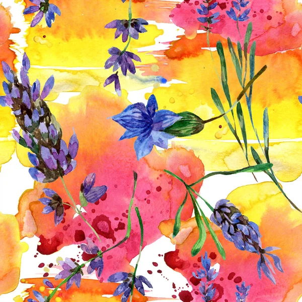 Beautiful purple lavender flowers isolated on white. Watercolor background illustration. Watercolour drawing fashion aquarelle. Seamless background pattern.