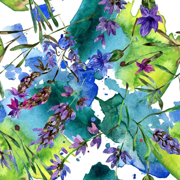 美丽的紫色薰衣草花孤立在白色 水彩背景插图 水彩画时尚水彩画 无缝的背景模式 — 免费的图库照片