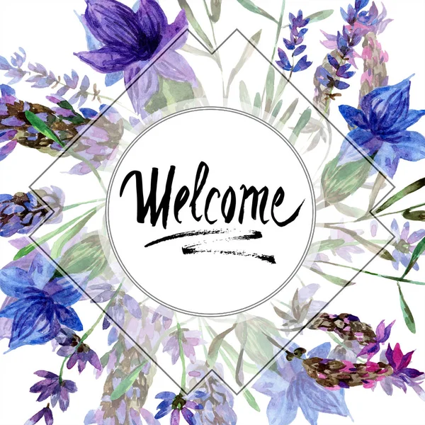 Beautiful purple lavender flowers isolated on white. Watercolor background illustration. Watercolour drawing fashion aquarelle. Frame border ornament. Welcome inscription