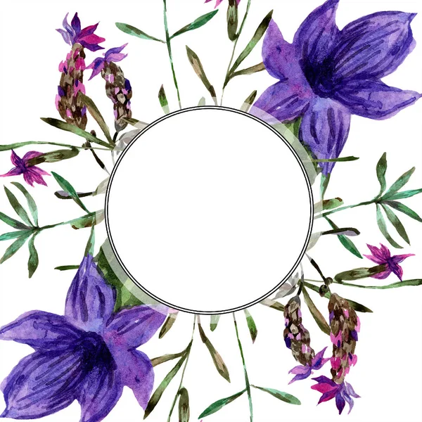 Beautiful purple lavender flowers isolated on white. Watercolor background illustration. Watercolour drawing fashion aquarelle. Frame border ornament.
