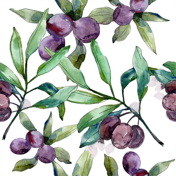 Black olives on branches with green leaves. Botanical garden floral foliage. Watercolor background illustration. Seamless background pattern. Fabric wallpaper print texture.