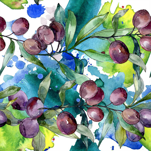 Black olives on branches with green leaves. Botanical garden floral foliage. Watercolor background illustration. Seamless background pattern. Fabric wallpaper print texture.