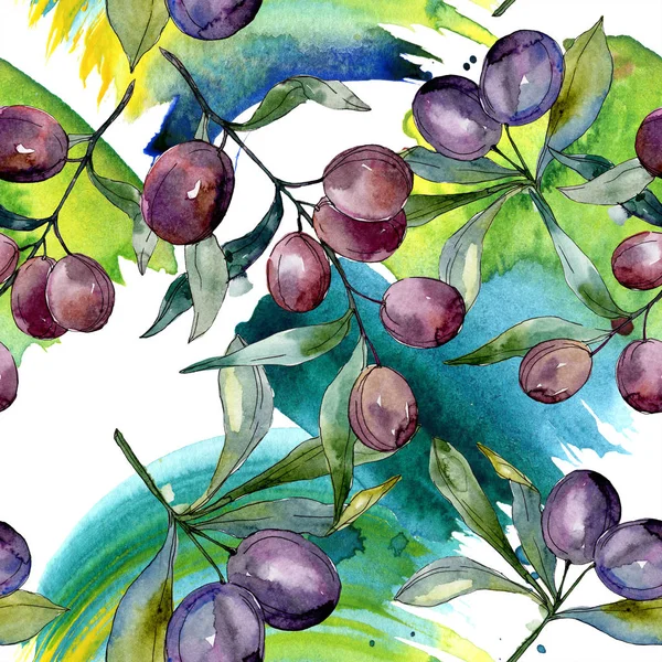 Black olives on branches with green leaves. Botanical garden floral foliage. Watercolor background illustration. Seamless background pattern. Fabric wallpaper print texture.