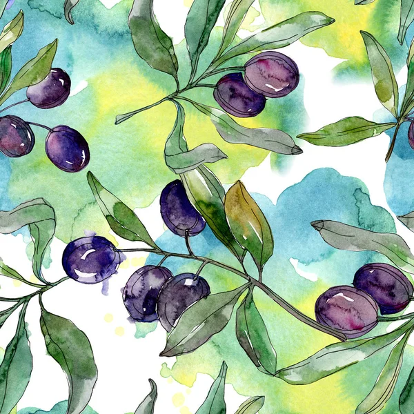 Black olives on branches with green leaves. Botanical garden floral foliage. Watercolor background illustration. Seamless background pattern. Fabric wallpaper print texture.