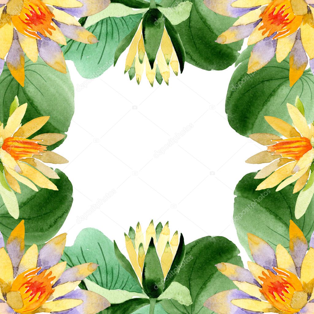 Yellow lotus. Floral botanical flower. Wild spring leaf wildflower isolated. Watercolor background illustration set. Watercolour drawing fashion aquarelle isolated. Frame border ornament square.