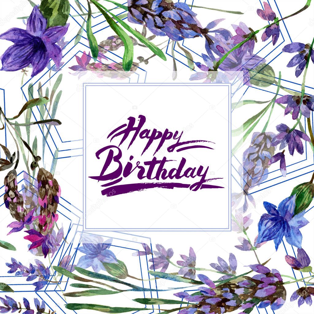 Beautiful purple lavender flowers isolated on white. Watercolor background illustration. Watercolour drawing fashion aquarelle. Frame border ornament. Happy birthday card 