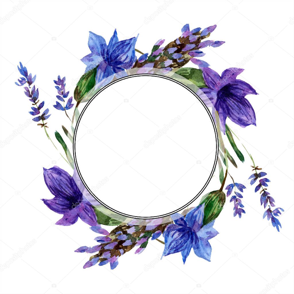 Beautiful purple lavender flowers isolated on white. Watercolor background illustration. Watercolour drawing fashion aquarelle. Frame border ornament.