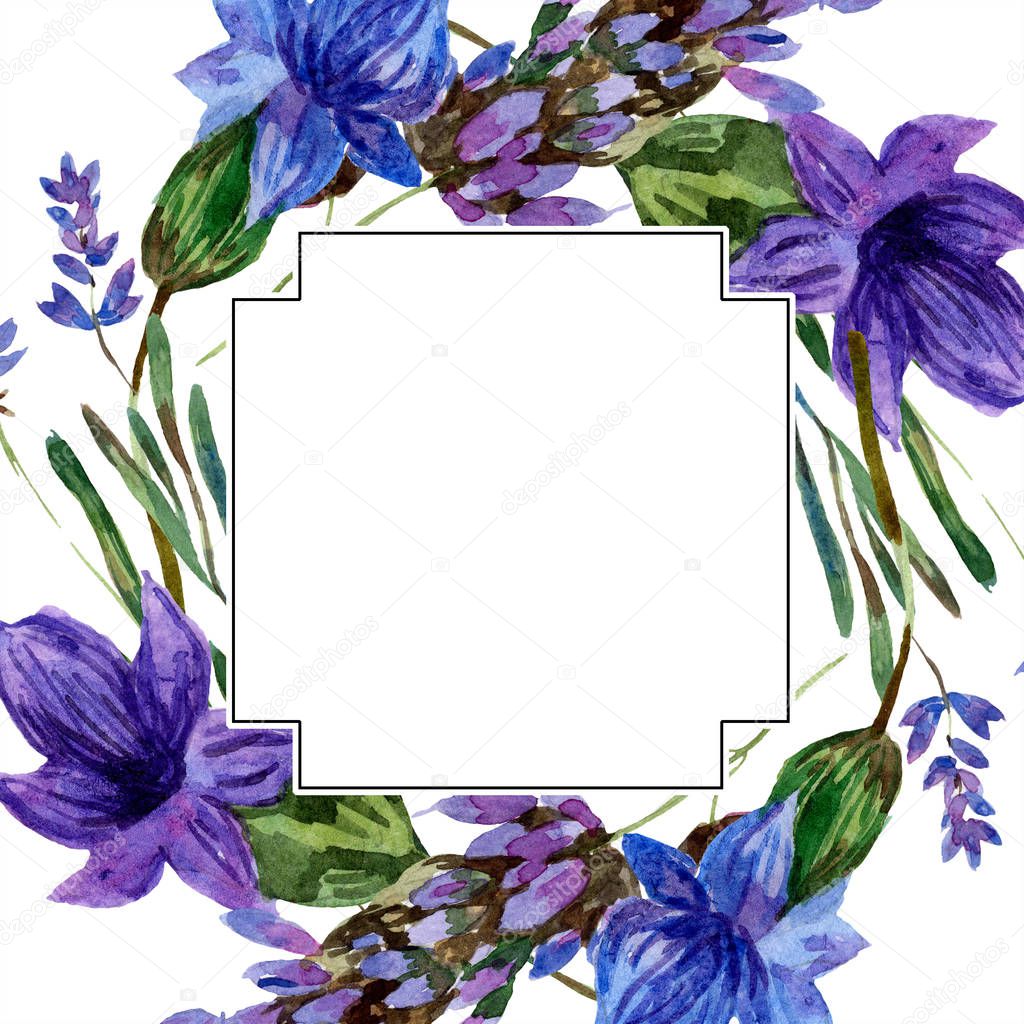 Beautiful purple lavender flowers isolated on white. Watercolor background illustration. Watercolour drawing fashion aquarelle. Frame border ornament.