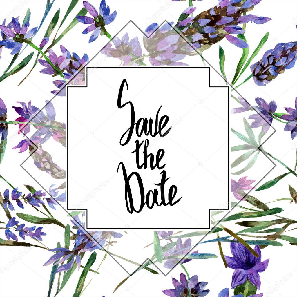 Beautiful purple lavender flowers isolated on white. Watercolor background illustration. Watercolour drawing fashion aquarelle. Frame border ornament. Save the date inscription