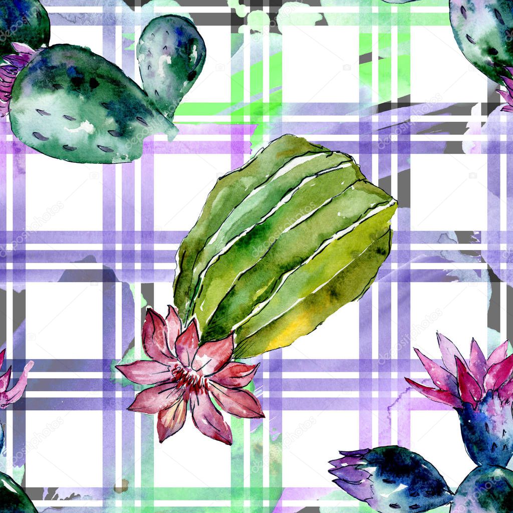 Green cactuses. Watercolor background illustration. Watercolour aquarelle isolated. Seamless background pattern. Fabric wallpaper print texture.