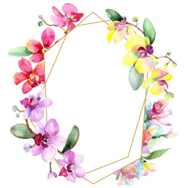 Güzel orkide çiçekleri beyaz izole yeşil yaprakları ile. Suluboya arka plan illüstrasyon. Suluboya çizim moda aquarelle. Çerçeve kenarlığı süsleme.