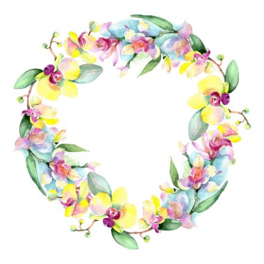 Güzel orkide çiçekleri beyaz izole yeşil yaprakları ile. Suluboya arka plan illüstrasyon. Suluboya çizim moda aquarelle. Çerçeve kenarlığı süsleme.