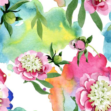 Güzel pembe şakayık çiçekleri beyaz arka plan üzerinde izole yeşil yaprakları ile. Suluboya çizim aquarelle. Sorunsuz arka plan deseni. Kumaş duvar kağıdı yazdırma doku.