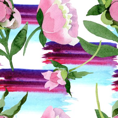 Güzel pembe şakayık çiçekleri beyaz arka plan üzerinde izole yeşil yaprakları ile. Suluboya çizim aquarelle. Sorunsuz arka plan deseni. Kumaş duvar kağıdı yazdırma doku.