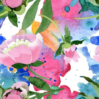 Güzel pembe şakayık çiçekleri beyaz arka plan üzerinde izole yeşil yaprakları ile. Suluboya çizim aquarelle. Sorunsuz arka plan deseni. Kumaş duvar kağıdı yazdırma doku.
