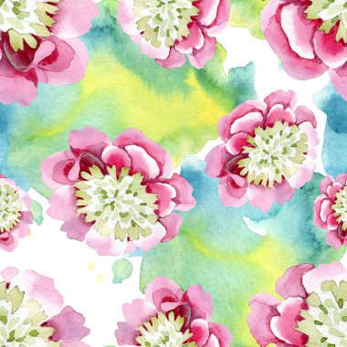 Güzel pembe şakayık çiçekleri beyaz arka plan üzerinde izole yeşil yaprakları ile. Suluboya çizim aquarelle. Sorunsuz arka plan deseni. Kumaş duvar kağıdı yazdırma doku.