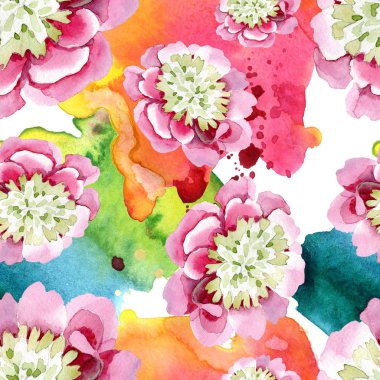 Güzel pembe şakayık çiçekleri beyaz arka plan üzerinde izole yeşil yaprakları ile. Suluboya çizim aquarelle. Sorunsuz arka plan deseni. Kumaş duvar kağıdı yazdırma doku.