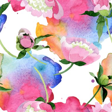 Güzel pembe şakayık çiçekleri beyaz arka plan üzerinde izole yeşil yaprakları ile. Suluboya çizim aquarelle. Sorunsuz arka plan deseni. Kumaş duvar kağıdı yazdırma doku.