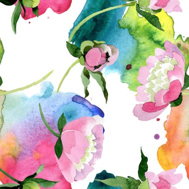 Güzel pembe şakayık çiçekleri beyaz arka plan üzerinde izole yeşil yaprakları ile. Suluboya çizim aquarelle. Sorunsuz arka plan deseni. Kumaş duvar kağıdı yazdırma doku.
