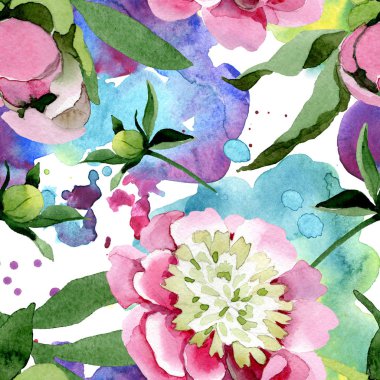 Güzel pembe şakayık çiçekleri beyaz arka plan üzerinde izole yeşil yaprakları ile. Suluboya çizim aquarelle. Sorunsuz arka plan deseni. Kumaş duvar kağıdı yazdırma doku.
