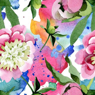 Güzel pembe şakayık çiçekleri beyaz arka plan üzerinde izole yeşil yaprakları ile. Suluboya çizim aquarelle. Sorunsuz arka plan deseni. Kumaş duvar kağıdı yazdırma doku.