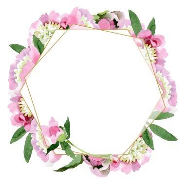 Güzel pembe şakayık çiçekleri beyaz arka plan üzerinde izole yeşil yaprakları ile. Suluboya çizim aquarelle. Çerçeve kenarlığı süsleme.