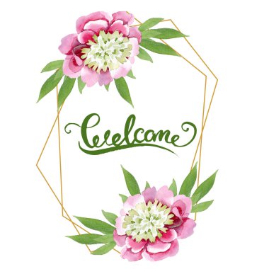 Güzel pembe şakayık çiçekleri beyaz arka plan üzerinde izole yeşil yaprakları ile. Suluboya çizim aquarelle. Çerçeve kenarlığı süsleme. Hoş geldiniz el yazısı hat