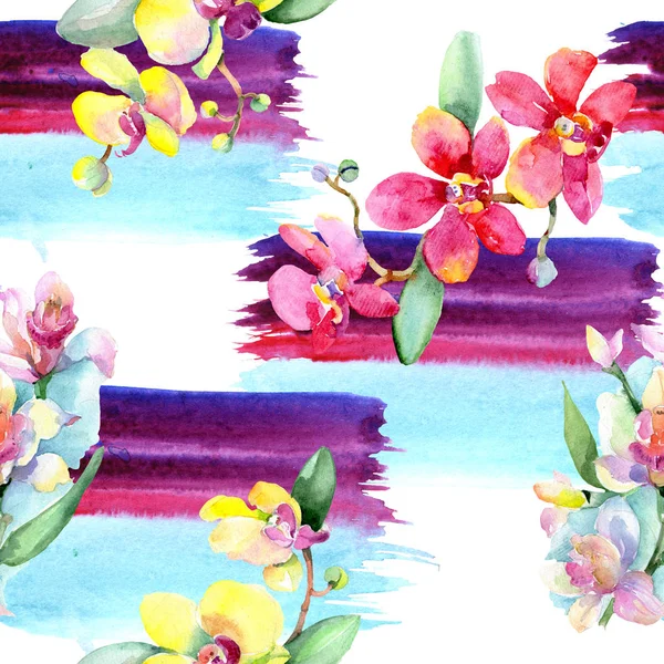 Красивые Цветы Орхидеи Зелеными Листьями Акварельная Фоновая Иллюстрация Бесшовный Рисунок — Бесплатное стоковое фото