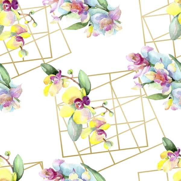 美丽的兰花花与绿叶 水彩背景插图 无缝的背景模式 织物壁纸打印纹理 — 图库照片