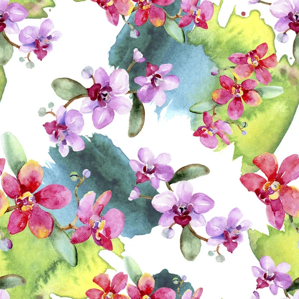 Hermosas Flores Orquídea Con Hojas Verdes Ilustración Fondo Acuarela Patrón — Foto de Stock
