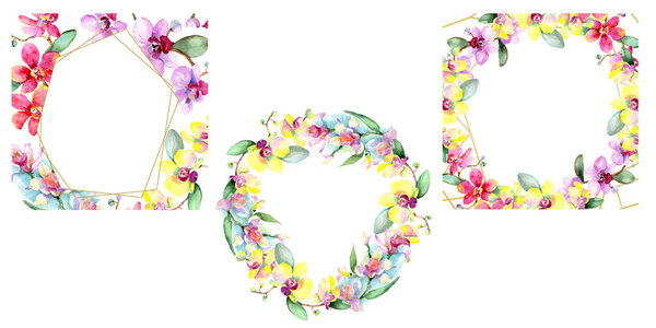 Красивые цветы орхидеи с зелеными листьями изолированы на белом. Акварель фон набор иллюстрации. Акварель для рисования акварелью. Границы рамки орнаменты
. 