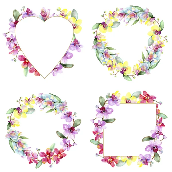 Güzel orkide çiçekleri beyaz izole yeşil yaprakları ile. Suluboya arka plan illüstrasyon ayarlayın. Suluboya çizim moda aquarelle. Çerçeve kenarlıklarını süsler. 