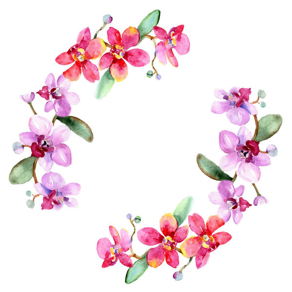 Красивые цветы орхидеи с зелеными листьями изолированы на белом. Акварельная фоновая иллюстрация. Акварель для рисования акварелью. Граничный орнамент
.