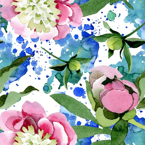 美丽的粉红色牡丹花与绿叶隔离在白色背景 水彩画水族馆 无缝的背景模式 织物壁纸打印纹理 — 图库照片