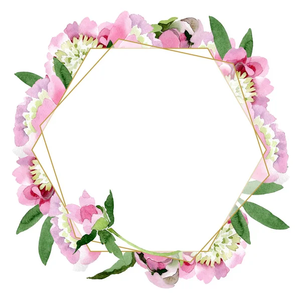 美丽的粉红色牡丹花与绿叶隔离在白色背景 水彩画水族馆 框架边框装饰 — 图库照片